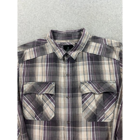 Prana Plaid Cotton Long Sleeve Button Snap Shirt (Men's Large) Gray - Picture 2 of 12